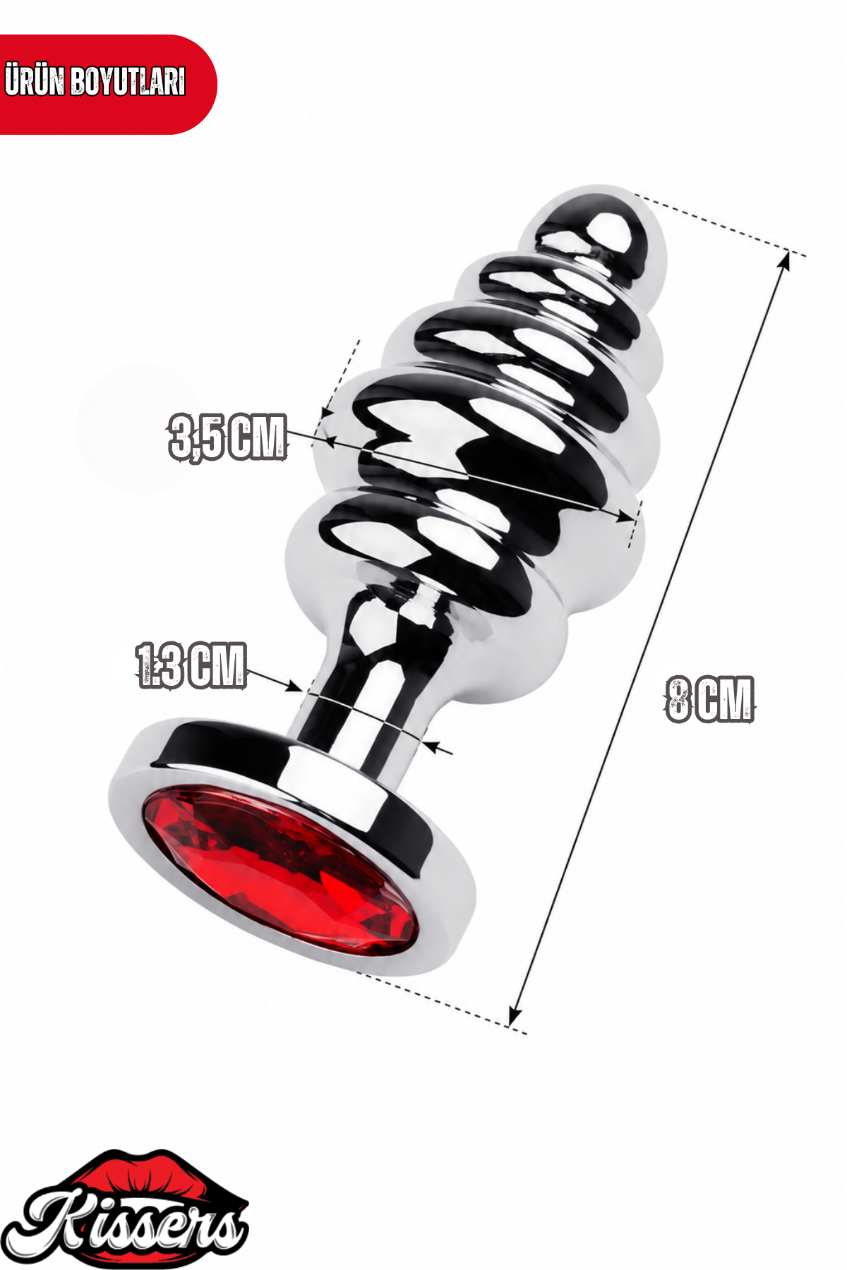 Paslanmaz Çelik Kırmızı Kristal Taşlı Boğumlu Gümüş Anal Plug ve Tıkaç 8 cm Su Geçirmez Metal Tasarım