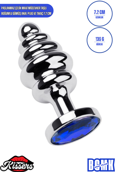 Paslanmaz Çelik Mavi Kristal Taşlı Boğumlu Gümüş Anal Plug ve Tıkaç 7.2 cm Su Geçirmez Metal Tasarım