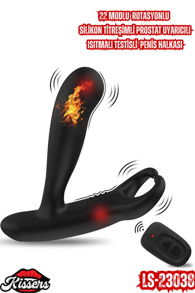 22 Modlu Rotasyonlu Silikon Titreşimli Uyarıcılı Isıtmalı Testisli Penis Halkası