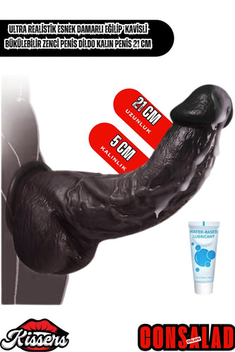 Ultra Realistik Esnek Damarlı Eğilip  kavisli Bükülebilir zenci Penis Dildo Kalın Penis 21 Cm