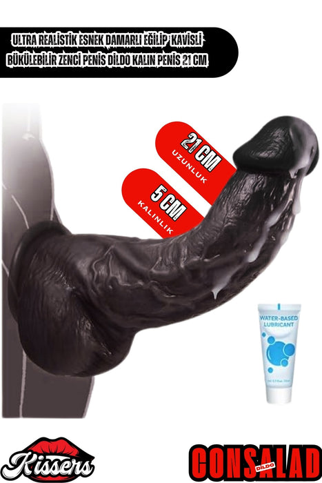 Ultra Realistik Esnek Damarlı Eğilip  kavisli Bükülebilir zenci Penis Dildo Kalın Penis 21 Cm