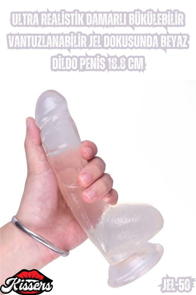 Ultra Realistik Damarlı Bükülebilir Vantuzlanabilir Jel Dokusunda Beyaz Dildo Penis 18.8 Cm