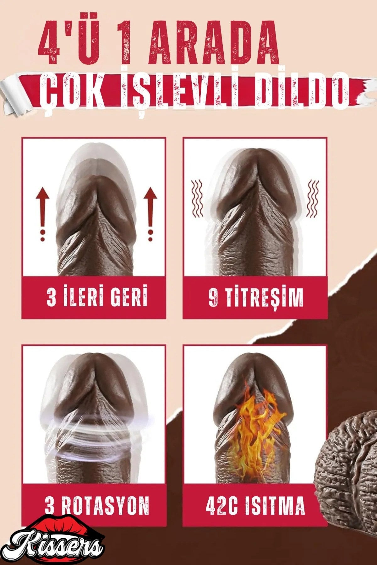 Uzaktan Kumandalı Isıtmalı İleri Geri Hareketli Rotasyonlu Realistik Esmer Ten Penis Dildo 23 Cm