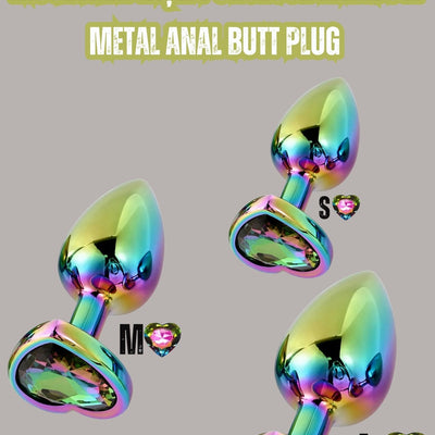 Paslanmaz Çelik Çok Renkli Kalpli Mücevher Taşlı Pürüzsüz Çok Renkli Metal Anal Butt Plug Set 3'Lü