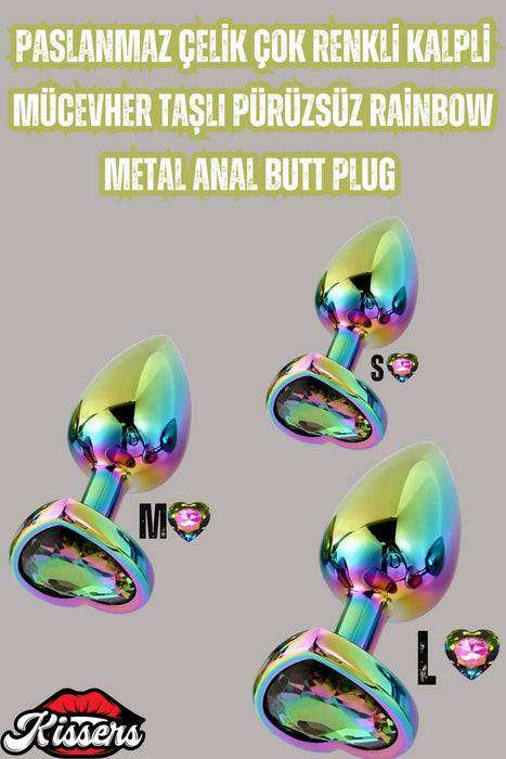 Paslanmaz Çelik Çok Renkli Kalpli Mücevher Taşlı Pürüzsüz Çok Renkli Metal Anal Butt Plug Set 3'Lü