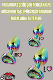 Paslanmaz Çelik Çok Renkli Kalpli Mücevher Taşlı Pürüzsüz Çok Renkli Metal Anal Butt Plug Set 3'Lü