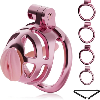 Chastity Cock Cage Vajina Görünümlü Demir Pembe Penis Kemerli Esaret Penis Kafesi