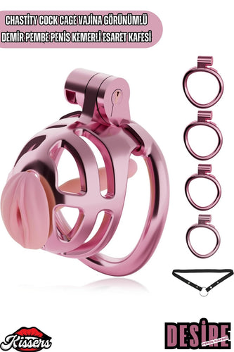 Chastity Cock Cage Vajina Görünümlü Demir Pembe Penis Kemerli Esaret Penis Kafesi