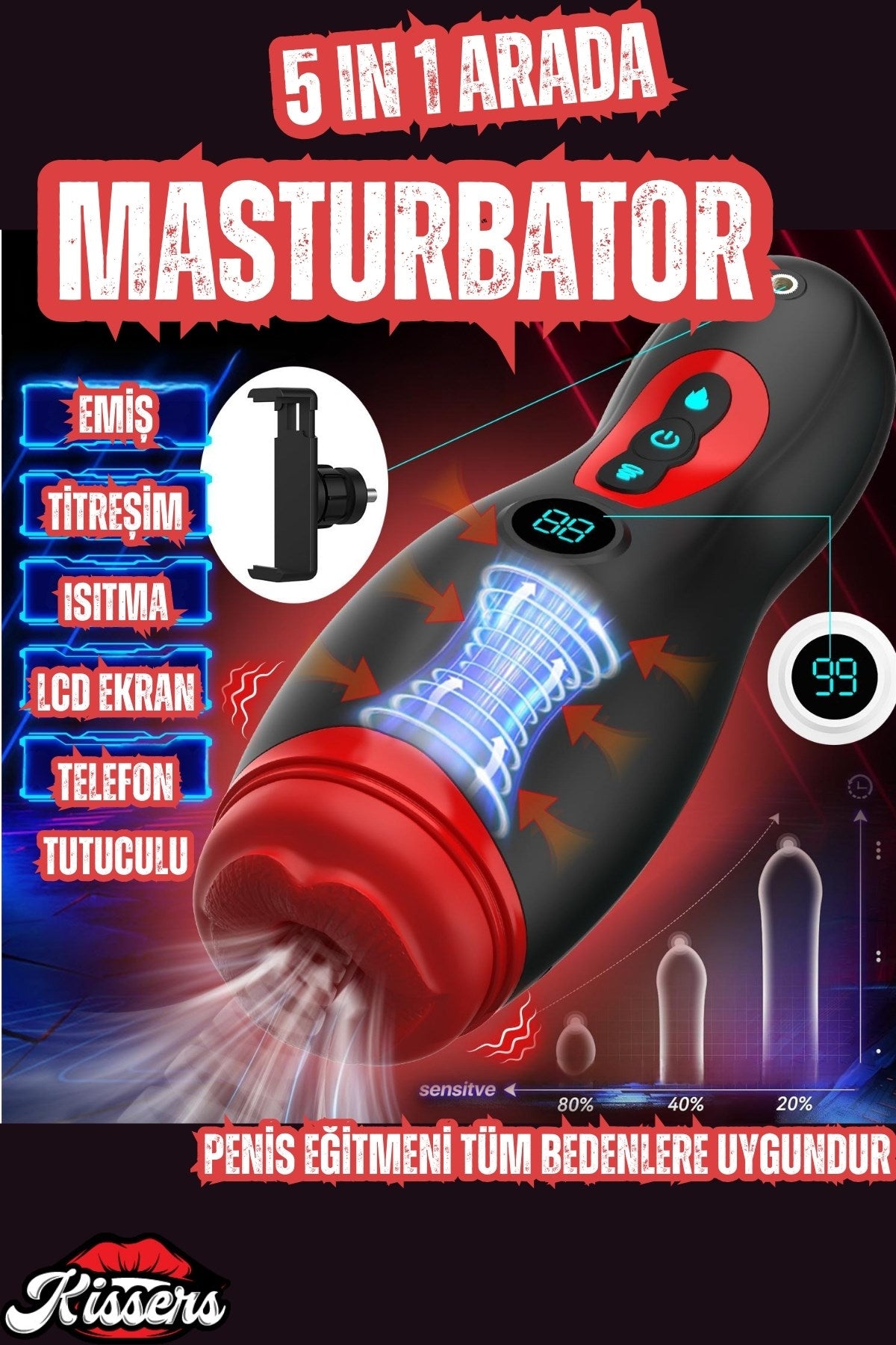 Şarjlı Telefon Tutuculu Isıtmalı Titreşimli Emiş Özellikli Dudak Görünümlü Tam Otomatik Mastürbatör