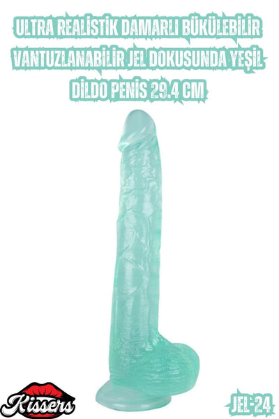 Ultra Realistik Damarlı Bükülebilir Vantuzlanabilir Jel Dokusunda Yeşil Dildo Penis 29.4 Cm