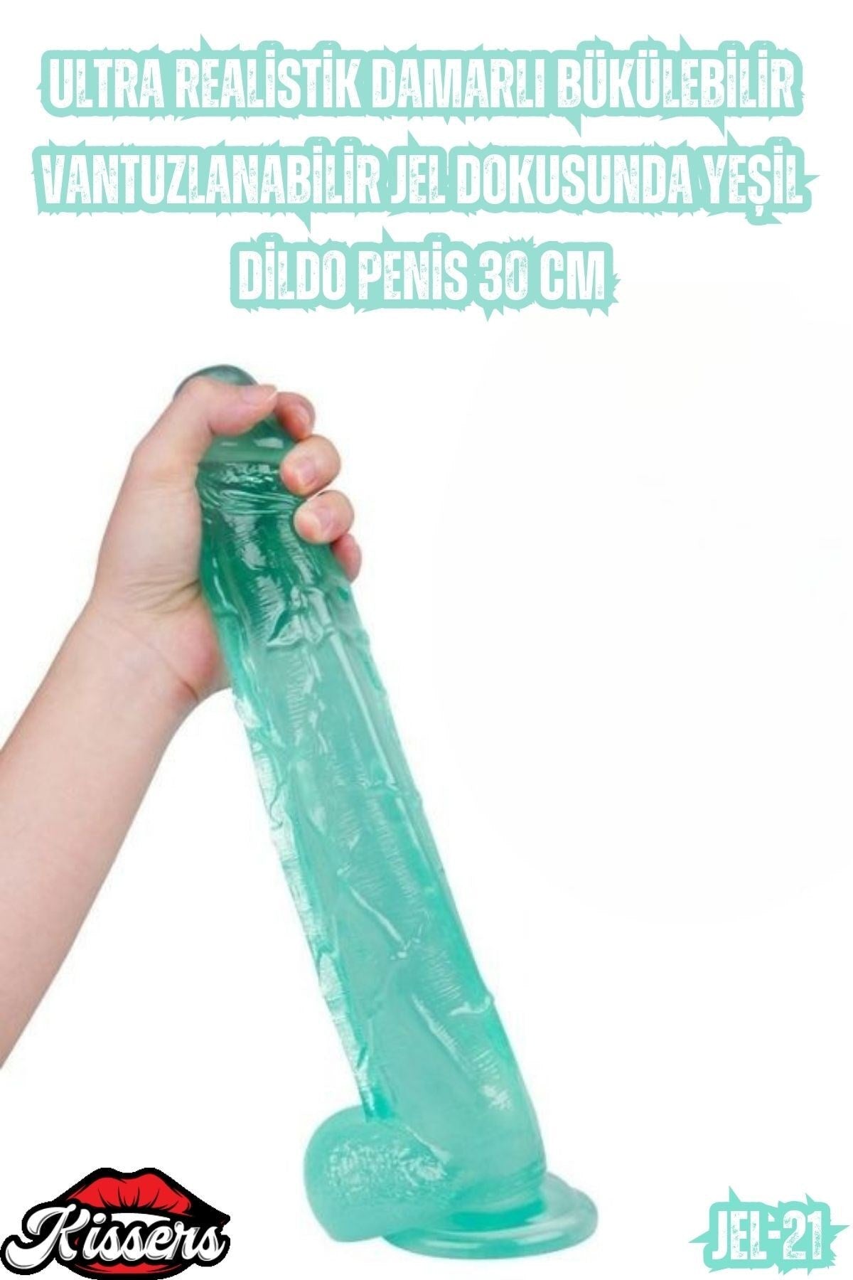 Ultra Realistik Damarlı Bükülebilir Vantuzlanabilir Jel Dokusunda Yeşil Dildo Penis 30 Cm