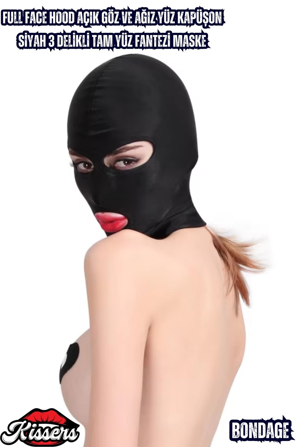 Bondage Full Face Hood Açık Göz ve Ağız Yüz Kapüşon Siyah 3 Delikli Tam Yüz Fantezi Maske