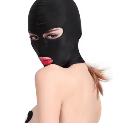 Bondage Full Face Hood Açık Göz ve Ağız Yüz Kapüşon Siyah 3 Delikli Tam Yüz Fantezi Maske