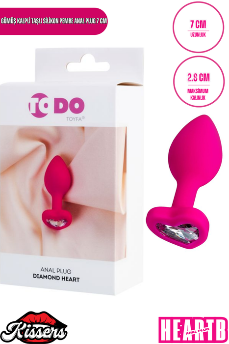 Diamond Heart Gümüş Kalpli Taşlı Silikon Anal Plug 7 cm Pembe Medikal Silikon