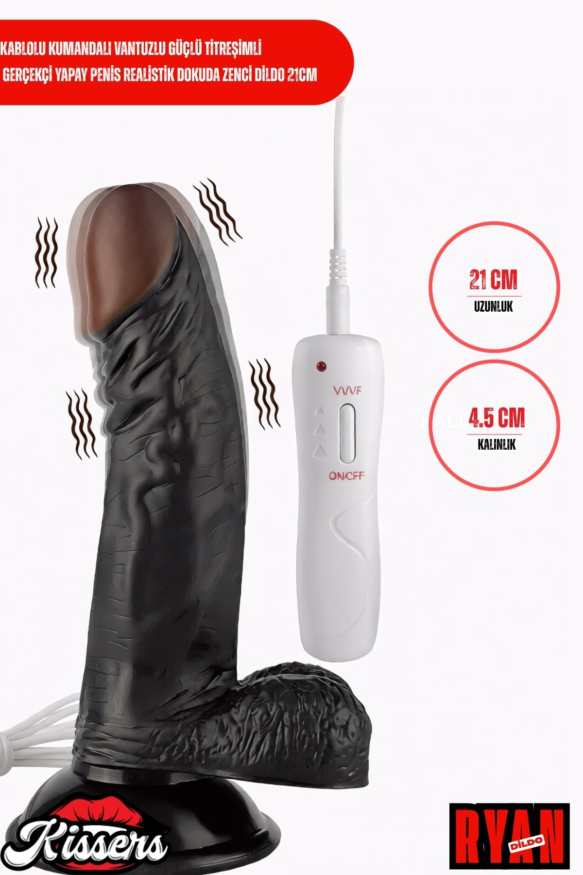 Kablolu Kumandalı Vantuzlu Güçlü Titreşimli Gerçekçi Yapay Penis Realistik Dokuda Zenci Dildo 21 cm