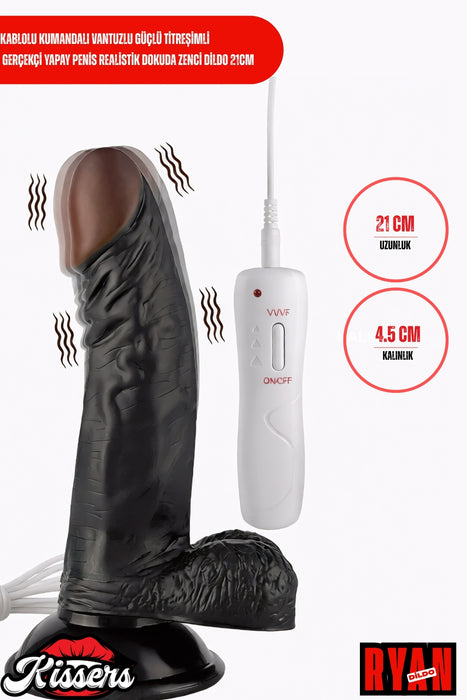 Kablolu Kumandalı Vantuzlu Güçlü Titreşimli Gerçekçi Yapay Penis Realistik Dokuda Zenci Dildo 21 cm