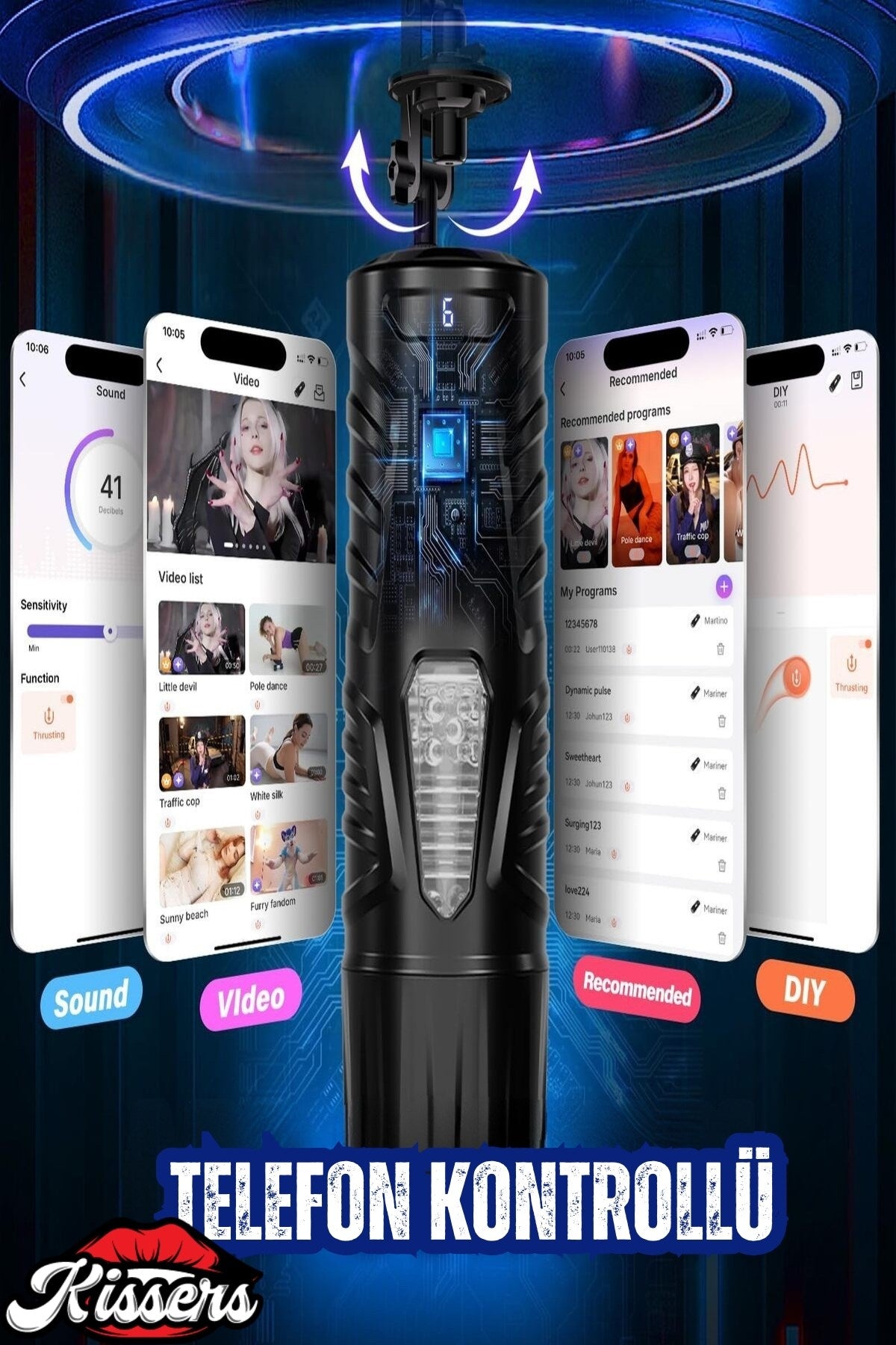 Telefon Kontrollü İleri Geri Hareketli Rotasyonlu Emişli Dönme Özellikli Tutamaçlı Otomatik Vajina Mastürbatör