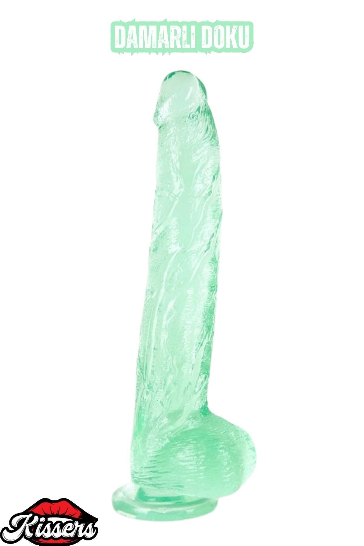 Ultra Realistik Damarlı Bükülebilir Vantuzlanabilir Jel Dokusunda Yeşil Dildo Penis 33 Cm