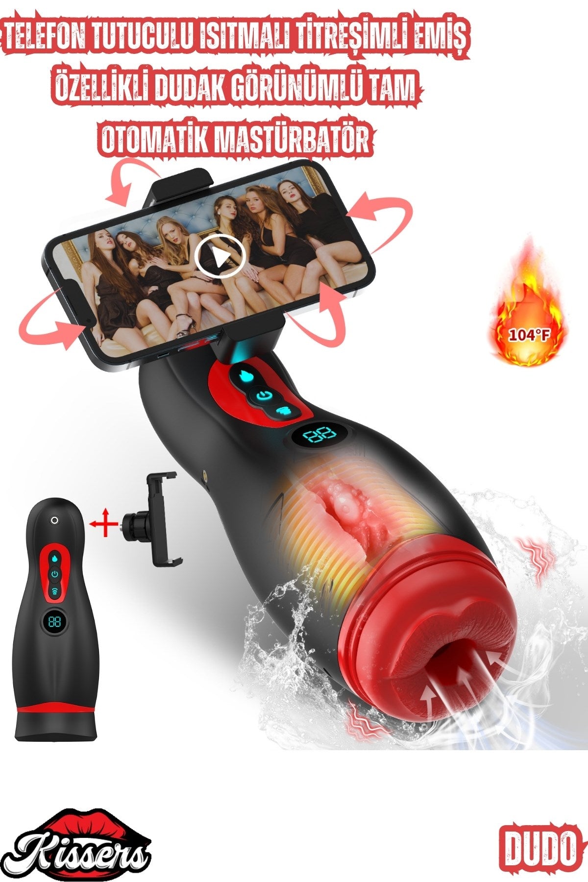 Şarjlı Telefon Tutuculu Isıtmalı Titreşimli Emiş Özellikli Dudak Görünümlü Tam Otomatik Mastürbatör