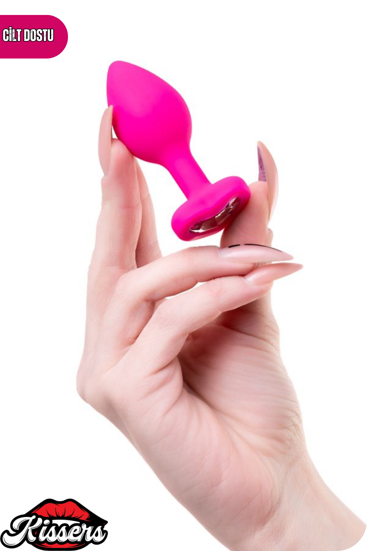 Diamond Heart Gümüş Kalpli Taşlı Silikon Anal Plug 7 cm Pembe Medikal Silikon