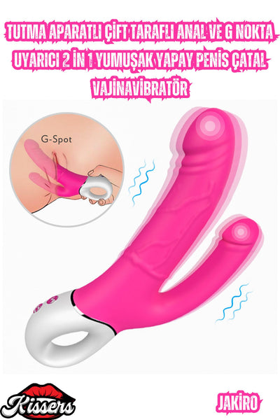 Tutma Aparatlı Çift Taraflı Anal ve G Nokta Uyarıcı 2 in 1 Yumuşak Yapay Penis Çatal Vajina Vibratör