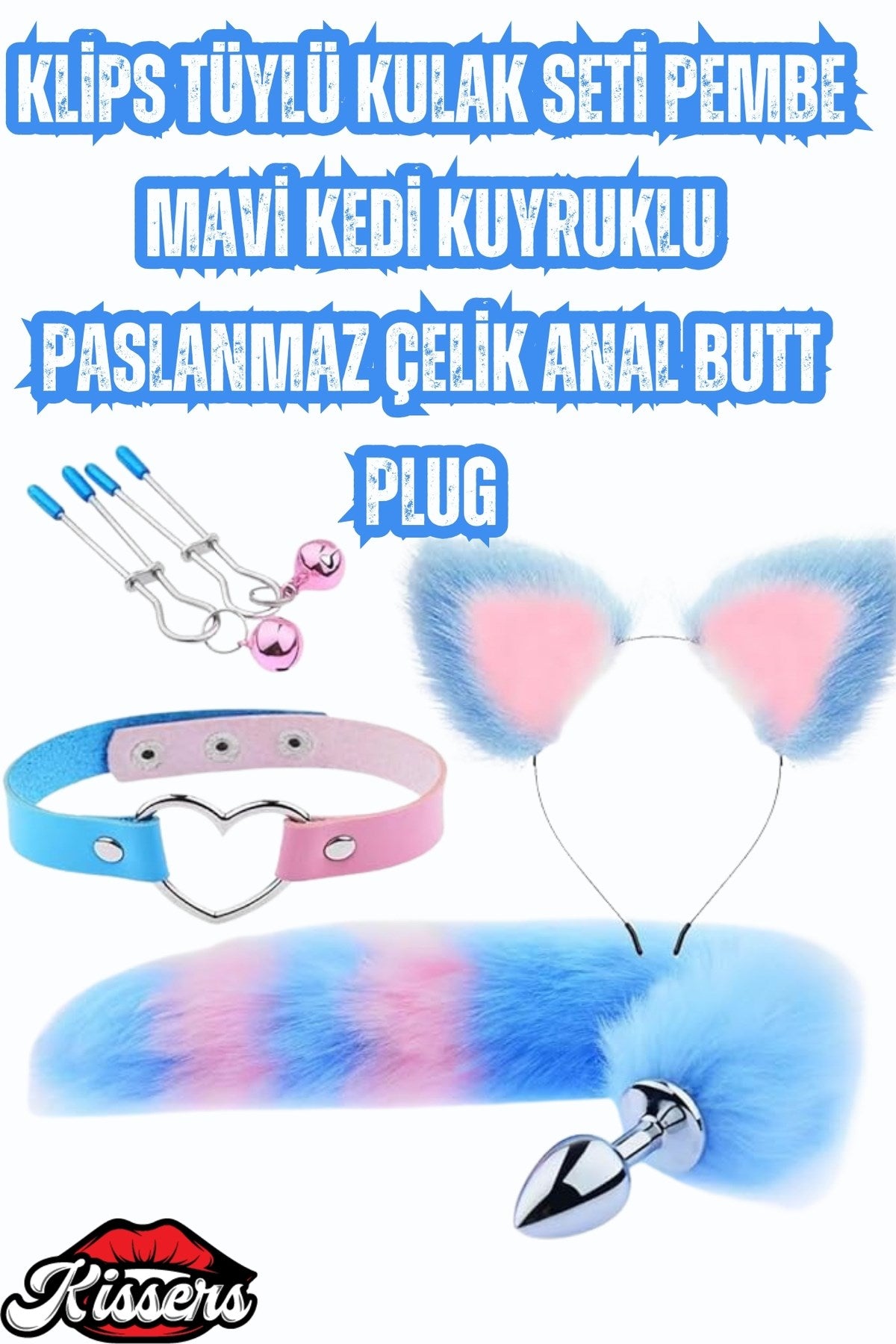 Cinsel Oyuncak Klips Tüylü Kulak Seti Pembe Mavi Kedi Kuyruklu Paslanmaz Çelik Anal Butt Plug
