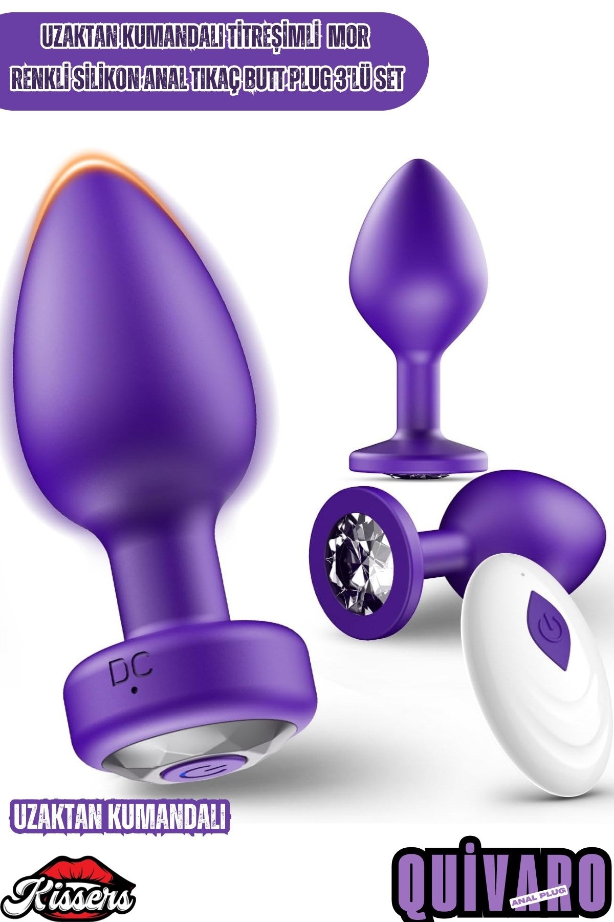 Uzaktan Kumandalı Titreşimli Mor Renkli Silikon Anal Tıkaç Butt Plug 3'Lü Set
