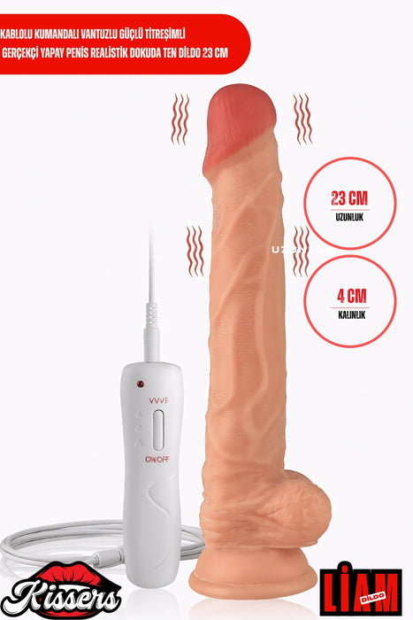 Kablolu Kumandalı Vantuzlu Güçlü Titreşimli Gerçekçi Yapay Penis Realistik Dokuda Ten Dildo 23 cm