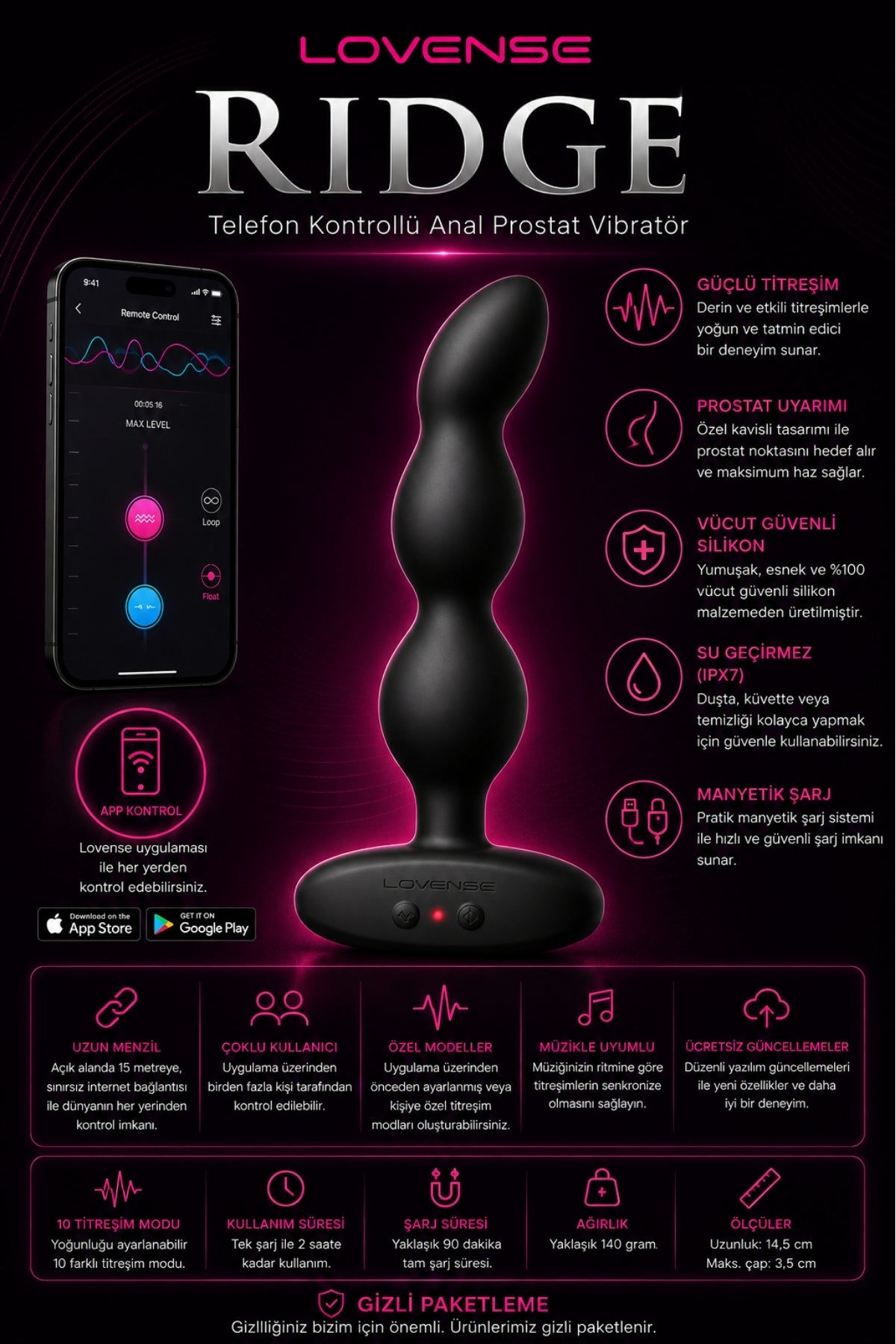 Lovense Dünyanin Her Yerinden Kontrol Edilebilen Ridge Telefon Kontrollü Güçlü Titreşimli Anal Vibratör