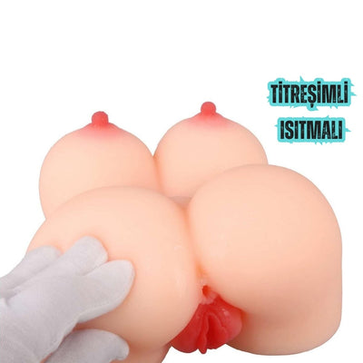Anal Vajina Çift Girişli Titreşimli Isıtmalı Realistik Kalça Göğüs Mastürbatör 2.3 KG