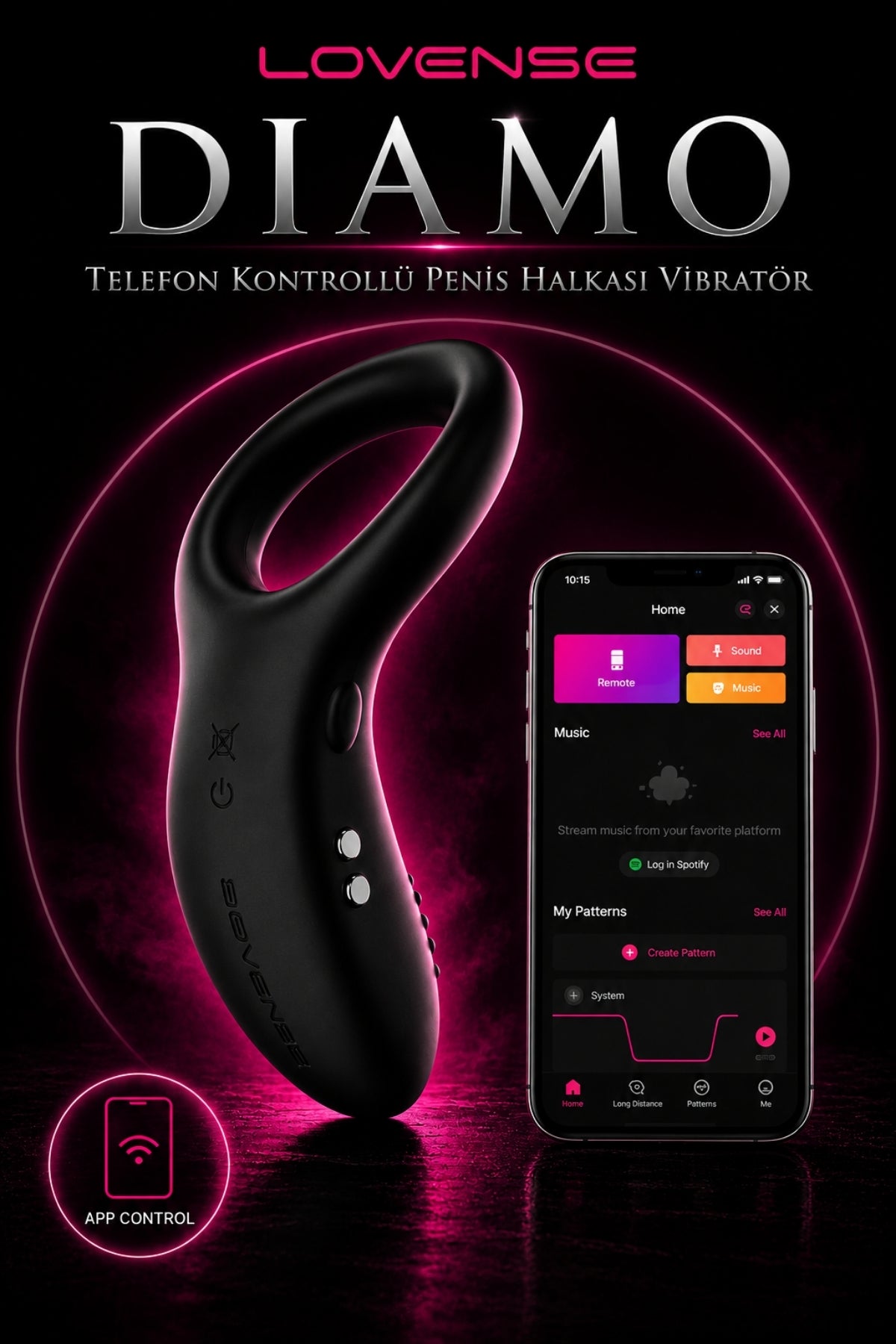 Lovense Dünyanin Her Yerinden Kontrol Edilebilen Diamo Telefon Kontrollü Güçlü Titreşimli Penis Halkası