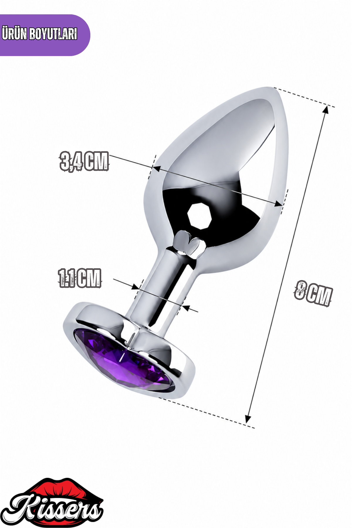 Paslanmaz Çelik Kalp Şekilli Mor Kristal Taşlı Lüks Gümüş Anal Plug ve Tıkaç 8 cm Su Geçirmez Metal Tasarım