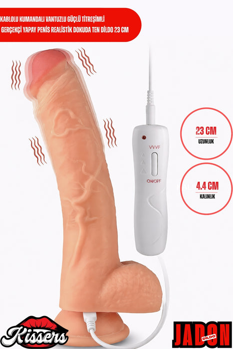 Kablolu Kumandalı Vantuzlu Güçlü Titreşimli Gerçekçi Yapay Penis Realistik Dokuda Ten Dildo 23 cm