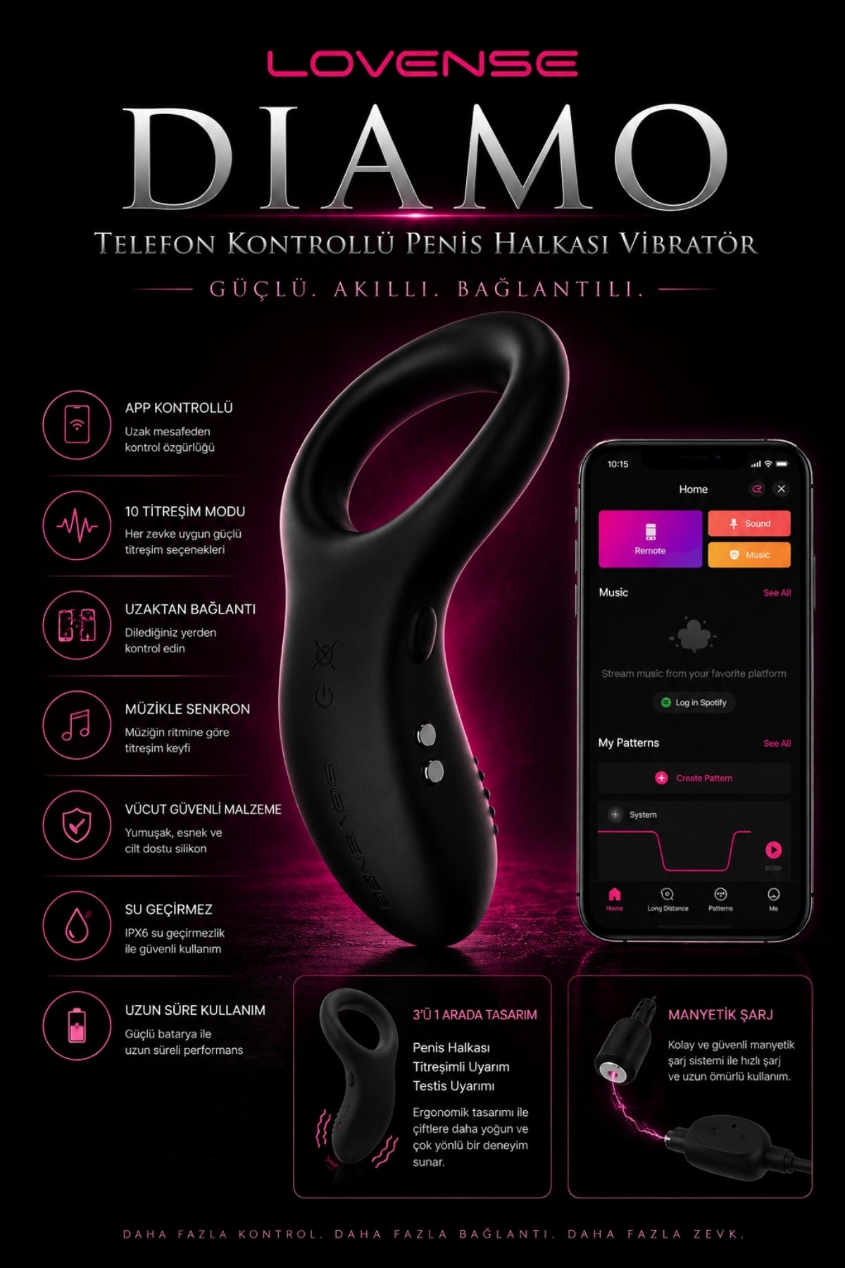 Lovense Dünyanin Her Yerinden Kontrol Edilebilen Diamo Telefon Kontrollü Güçlü Titreşimli Penis Halkası