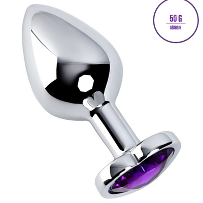 Paslanmaz Çelik Kalp Şekilli Mor Kristal Taşlı Lüks Gümüş Anal Plug ve Tıkaç 7 cm Su Geçirmez Metal Tasarım