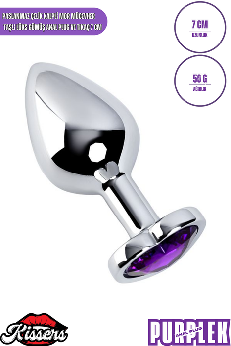 Paslanmaz Çelik Kalp Şekilli Mor Kristal Taşlı Lüks Gümüş Anal Plug ve Tıkaç 7 cm Su Geçirmez Metal Tasarım