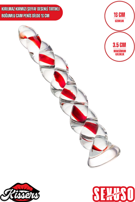Kırılmaz Kırmızı Şeffaf Desenli Tırtıklı Boğumlu Cam Dildo 18 Cm Su Geçirmez Cam Masaj Ürünü