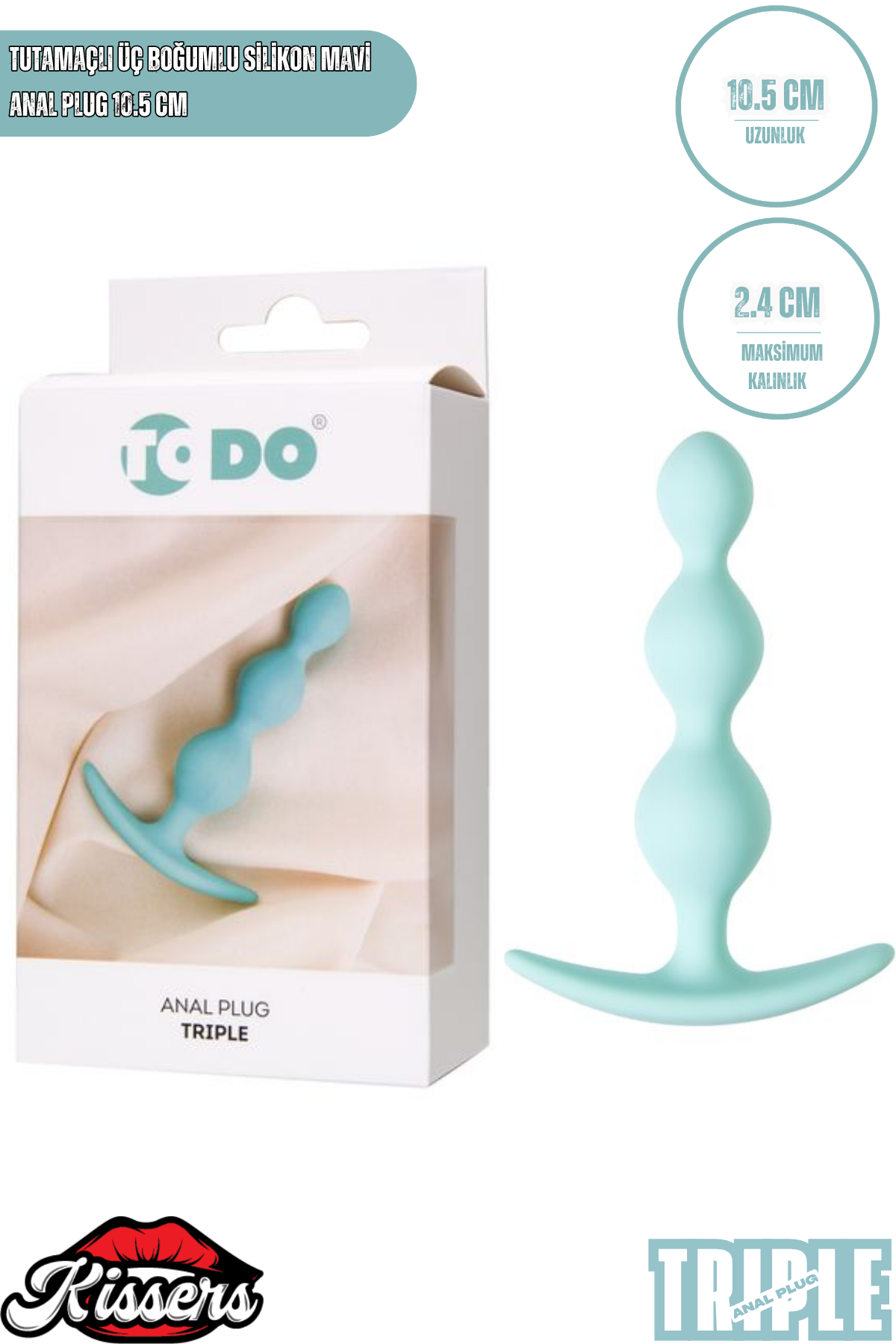 Üç Boğumlu Triple Silikon Anal Plug 10,5 cm Mavi Tutamaçlı Medikal Silikon