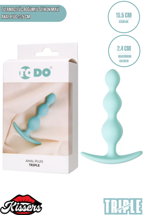 Üç Boğumlu Triple Silikon Anal Plug 10,5 cm Mavi Tutamaçlı Medikal Silikon