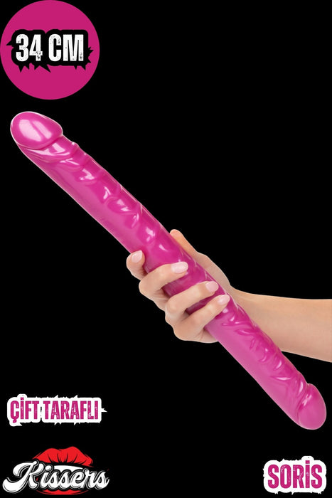 Çift Başlıklı Lezbiyen Anal Vajinal Gerçekçi Jel Doku Çift Taraflı Realistik Unisex Mor Dildo 34 Cm