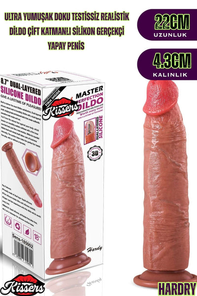 Ultra Yumuşak Damarlı Doku Çift Katmanlı Silikon Gerçekçi Testissiz Dildo Penis 22 Cm Hardry