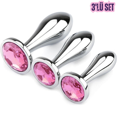 Paslanmaz Çelik  Gümüş Mücevher Kavisli  Lüks Anal Plug Set  Ve Tıkaç Set 3'Lü