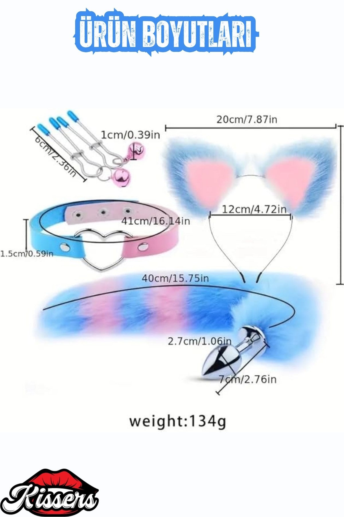 Cinsel Oyuncak Klips Tüylü Kulak Seti Pembe Mavi Kedi Kuyruklu Paslanmaz Çelik Anal Butt Plug