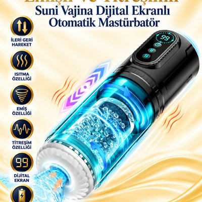Isıtmalı İleri Geri Hareketli Emişli Ve Titreşimli Suni Vajina Dijital Ekranlı Otomatik Mastürbatör