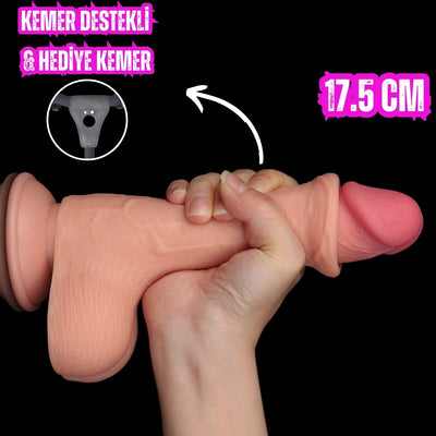 Çift Katmanlı Gerçekçi Kayar Deri Ultra Realistik Belden Bağlamalı Yapay Penis Dildo 17.5 Cm