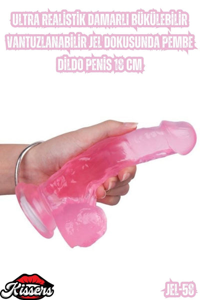 Ultra Realistik Damarlı Bükülebilir Vantuzlanabilir Jel Dokusunda Pembe Dildo Penis 18 Cm