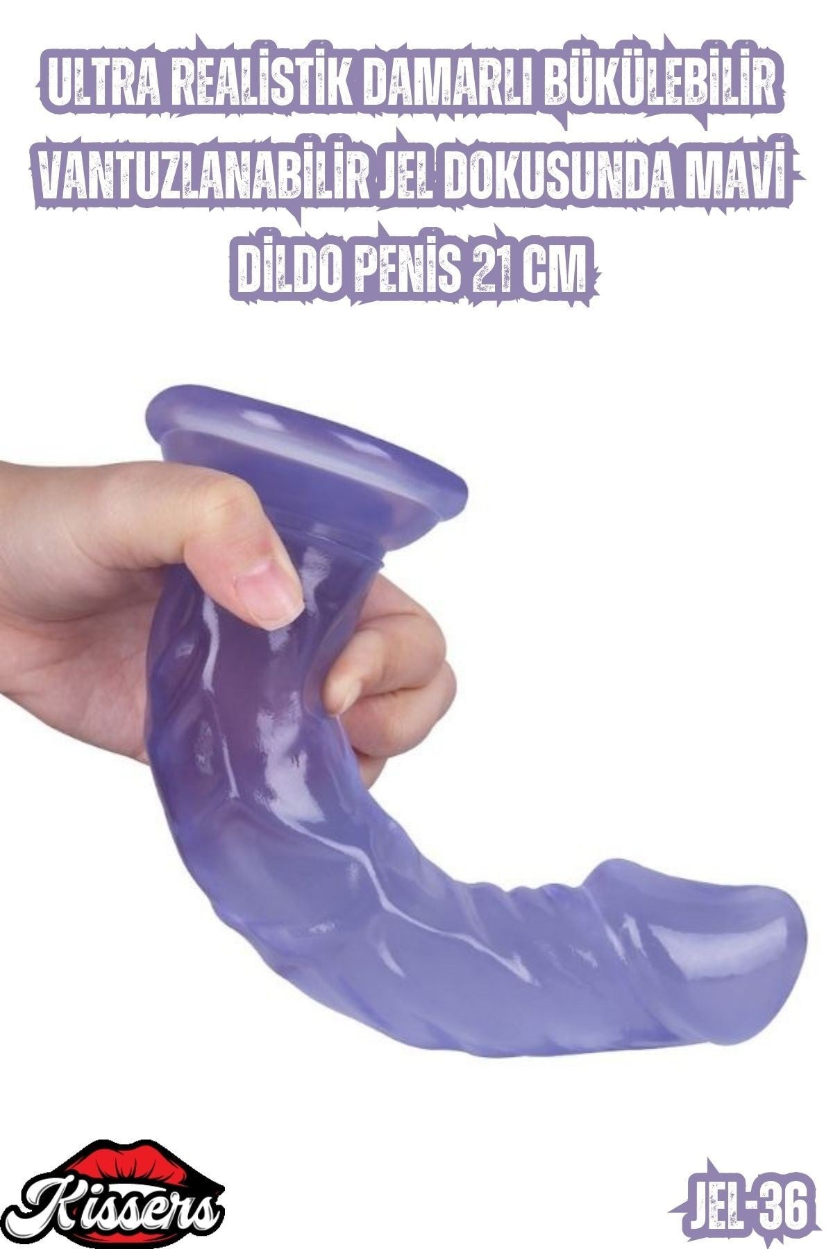 Ultra Realistik Damarlı Bükülebilir Vantuzlanabilir Jel Dokusunda Mavi Dildo Penis 21 Cm