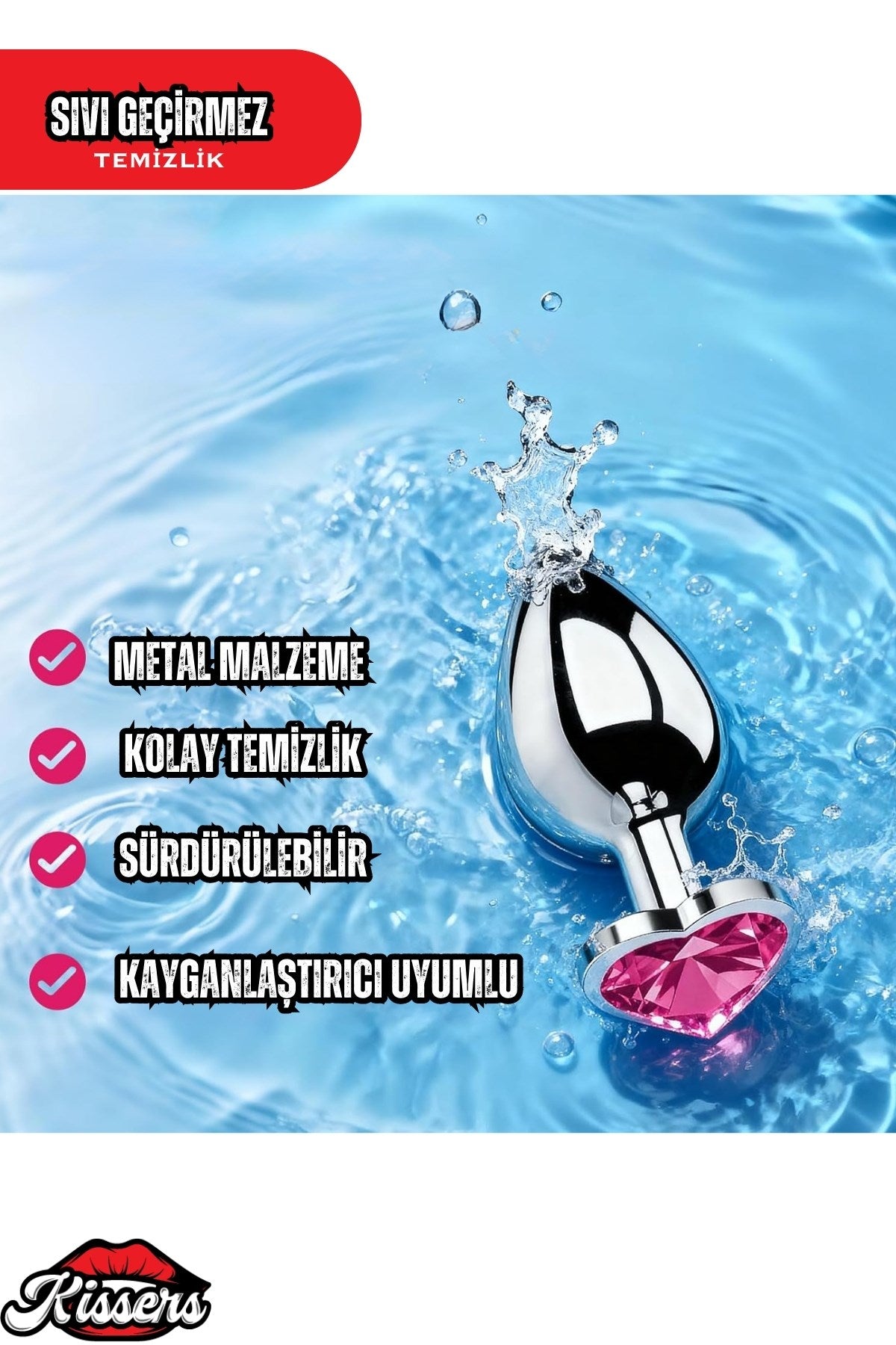 Paslanmaz Çelik  Gümüş Kırmızı Kalpli Mücevher Taşlı 7 Cm Lüks Anal Plug  Ve Tıkaç