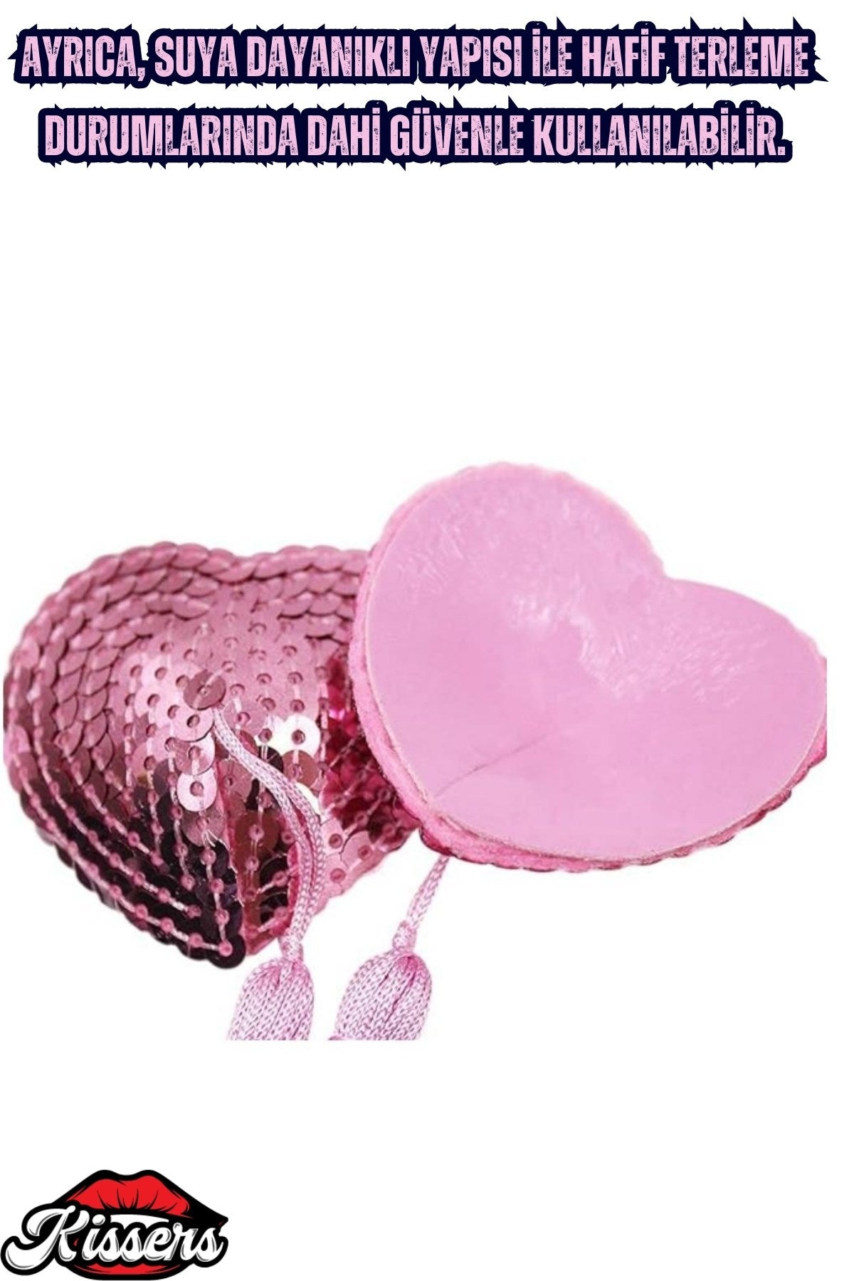 BDSM Gıdıklayıcı Püsküllü Yapışkanlı Pembe Parıltılı Kalp Şeklinde Meme Ucu Gizleyici