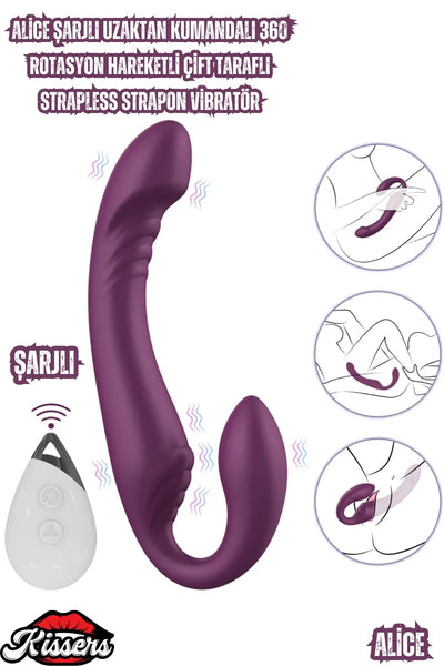 Alice Şarjlı Uzaktan Kumandalı Rotasyon Hareketli Çift Taraflı Strapless Strapon Vibratör